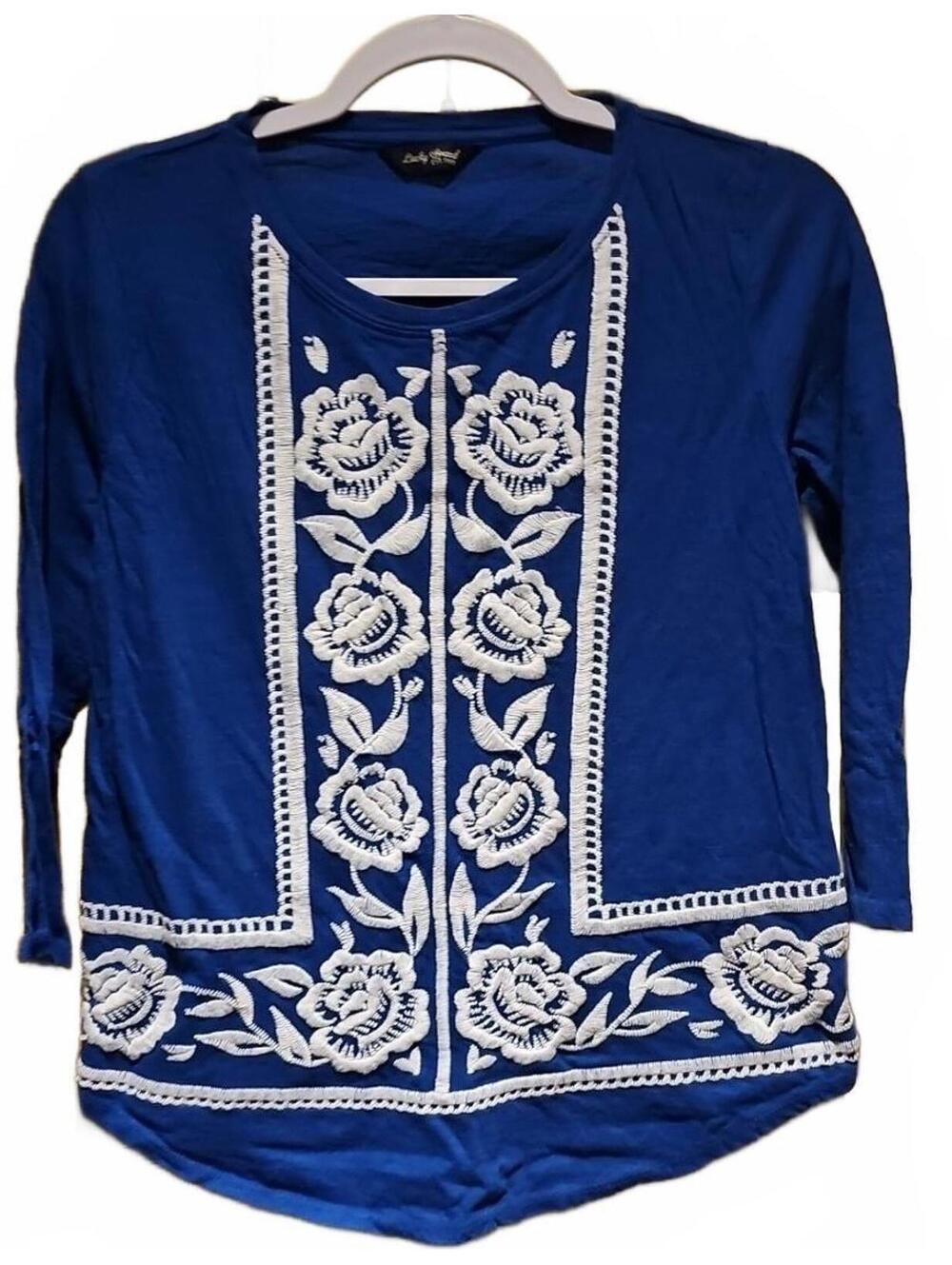 Lucky Brand Womens Blouse XS Embroidered Blue 3/4 Sleeve Rounded Hem Floral
